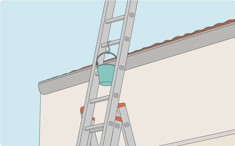Dachrinnenreinigung Eimer an Leiter befestigt